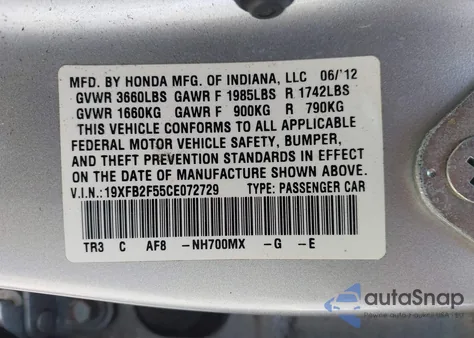 2012 Honda Civic Lx from USA, damaged, VIN 19XFB2F55CE072729